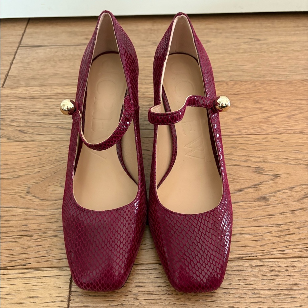 J. Crew Maroon Snakeskin Heels with Gold Accent